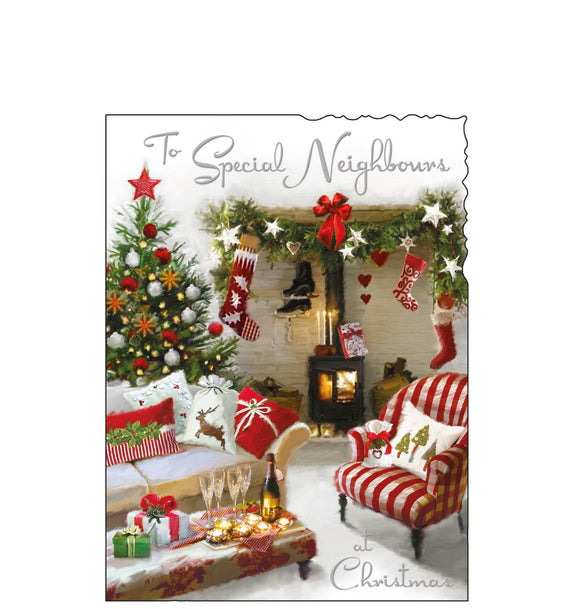 This Christmas card for special neighbours is decorated with a scene of a cosy living room, decorated for Christmas. Silver text on the front of this Christmas card reads 