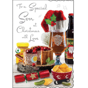 This christmas card for a special son is decorated with an illustration of a table laid out with festive goodies including a huge pork pie topped with cranberries, and a glass of beer - wearing a santa hat. Silver text on the front of this Jonny Javelin Christmas card reads "To a Special Son at Christmas with Love".