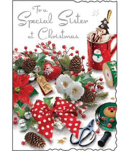 This Christmas card for a special sister is&nbsp;decorated with a still-life illustration of finishing festive touches being added to a Christmas wreath.&nbsp;Silver text on the front of this Christmas card reads "To a Special Sister at Christmas".&nbsp;