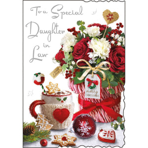 This Christmas card from Jonny Javelin is decorated with a lovely illustration of a vase of red and white flowers, together with a warm mug of hot chocolate.&nbsp;Silver text on the front of this Christmas card reads "To a Special Daughter in Law".