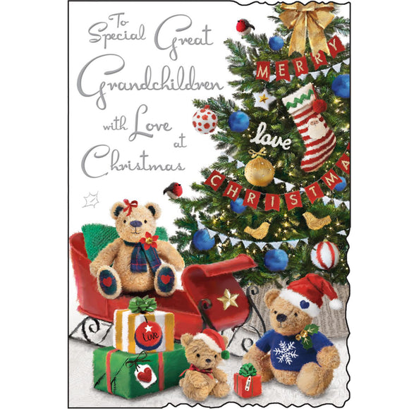 This christmas card for special great-grandchildren is decorated with an illustration of three teddy bears sitting next to a beautifully adorned Christmas tree. Silver text on the front of this Jonny Javelin Christmas card reads 