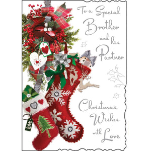 This Christmas card from Jonny Javelin is decorated with a pair of Christmas stockings - overflowing with gifts -&nbsp; hanging from a floral decoration. Silver text on the front of this Christmas card reads "To a Special Brother and his Partner...Christmas Wishes with Love".

Jonny Javelin Christmas cards combine beautiful, detailed illustrations with heartfelt messages.