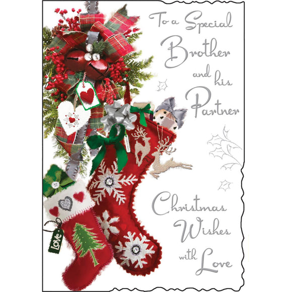 This Christmas card from Jonny Javelin is decorated with a pair of Christmas stockings - overflowing with gifts -  hanging from a floral decoration. Silver text on the front of this Christmas card reads 