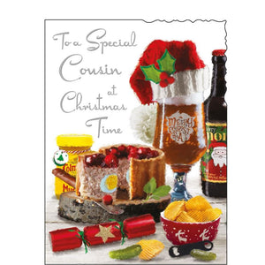 This christmas card for a special cousin is decorated with an illustration of a table laid out with festive goodies including a huge pork pie topped with cranberries, and a glass of beer - wearing a santa hat. Silver text on the front of this Jonny Javelin Christmas card reads "To a Special Cousin at Christmas Time".