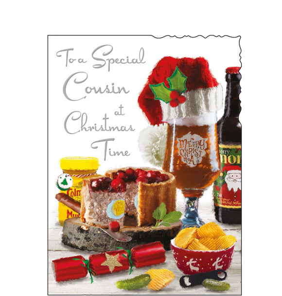 This christmas card for a special cousin is decorated with an illustration of a table laid out with festive goodies including a huge pork pie topped with cranberries, and a glass of beer - wearing a santa hat. Silver text on the front of this Jonny Javelin Christmas card reads 