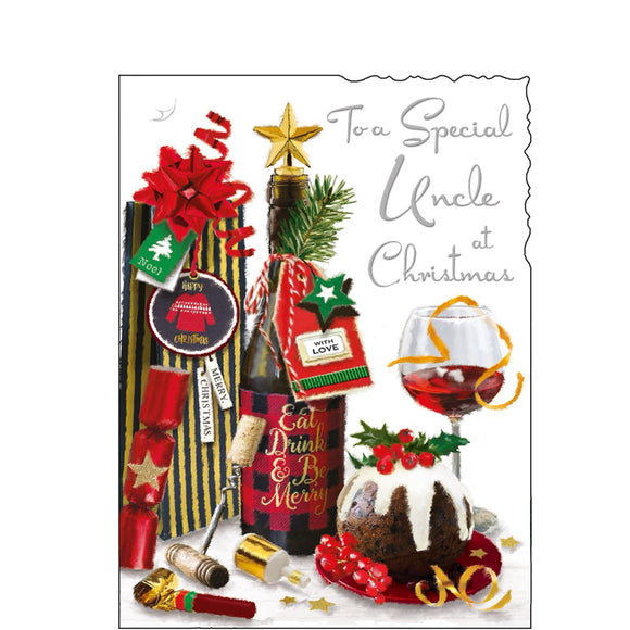 This christmas card for a special uncle is decorated with an illustration of a table laid out with festive goodies including a christmas pudding, a bottle of red wine, and an inviting looking glass. Silver text on the front of this Jonny Javelin Christmas card reads 