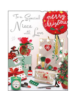 This Christmas card for a glamourous niece is&nbsp;decorated with an illustration of a makeup table - complete with light-up mirror, brushes, and make up - surrounded by festive flowers and decorations.&nbsp;Silver text on the front of this Christmas card reads "To a Special Niece with Love".