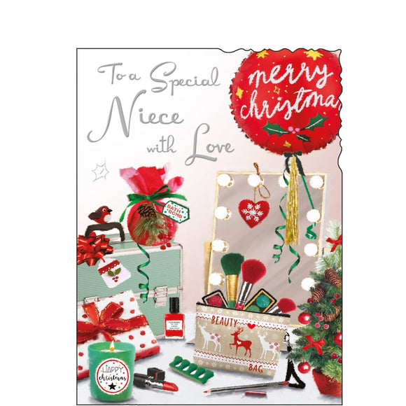 This Christmas card for a glamourous niece is decorated with an illustration of a makeup table - complete with light-up mirror, brushes, and make up - surrounded by festive flowers and decorations. Silver text on the front of this Christmas card reads 