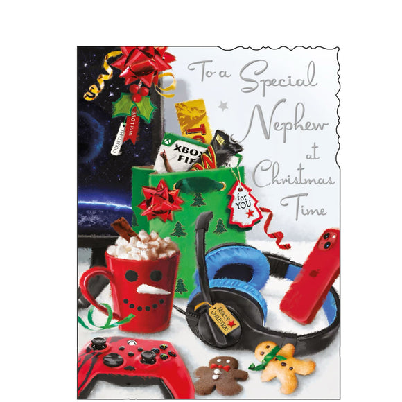 This Christmas card from Jonny Javelin is decorated with a fantastic illustration of a  gaming set up - with a controller, headphones, and festive snacks. Silver text on the front of this Christmas card reads 