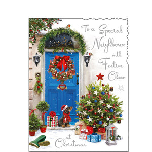 This christmas card for a special nieghbour is decorated with an illustration showing a scene of a blue front door, draped in festive garlands and wreaths. An adorable little dachshund dog in a bobble hat and scarf waits on the doorstep. Silver text on the front of the card reads "To a Special Neighbour with Festive Cheer at Christmas".

Jonny Javelin Christmas cards combine beautiful, detailed illustrations with heartfelt messages.