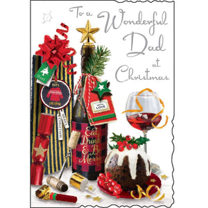 This christmas card for a special dad is decorated with an illustration of a table laid out with festive goodies including a christmas pudding, a bottle of red wine, and an inviting looking glass. Silver text on the front of this Jonny Javelin Christmas card reads "To a Wonderful Dad at Christmas".

Jonny Javelin Christmas cards combine beautiful, detailed illustrations with heartfelt messages.