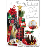 This christmas card for a special dad is decorated with an illustration of a table laid out with festive goodies including a christmas pudding, a bottle of red wine, and an inviting looking glass. Silver text on the front of this Jonny Javelin Christmas card reads "To a Wonderful Dad at Christmas".

Jonny Javelin Christmas cards combine beautiful, detailed illustrations with heartfelt messages.