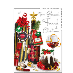 This christmas card for a special friend is decorated with an illustration of a table laid out with festive goodies including a christmas pudding, a bottle of red wine, and an inviting looking glass. Silver text on the front of this Christmas card reads "To a Special Friend at Christmas".