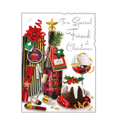 This christmas card for a special friend is decorated with an illustration of a table laid out with festive goodies including a christmas pudding, a bottle of red wine, and an inviting looking glass. Silver text on the front of this Christmas card reads "To a Special Friend at Christmas".