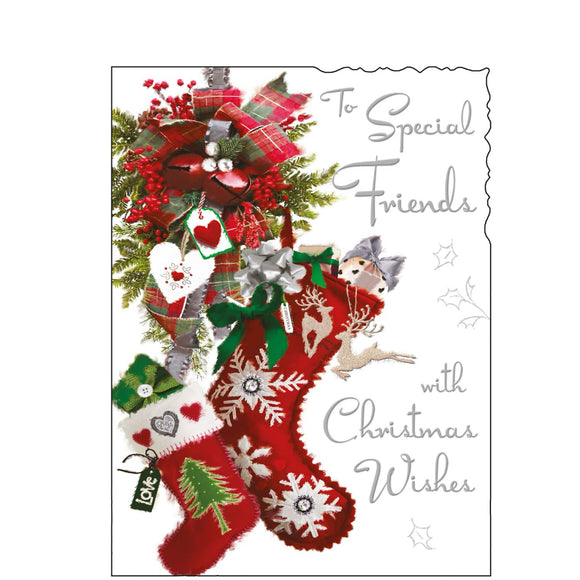 This Christmas card from Jonny Javelin is decorated with a pair of Christmas stockings - overflowing with gifts -  hanging from a floral decoration. Silver text on the front of this Christmas card reads 