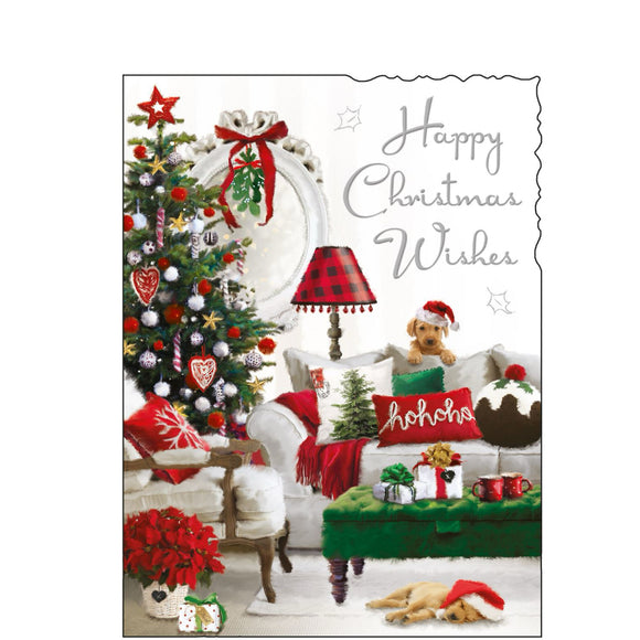 This Christmas card from Jonny Javelin is decorated with an illustration of a cosy living room decorated for Christmas - complete with a pair of festive puppies.  Silver text on the front of this Christmas card reads 