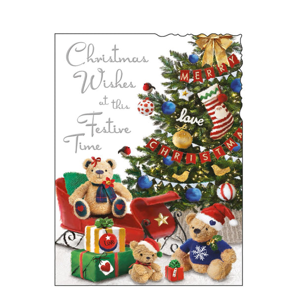 This Christmas card from Jonny Javelin is decorated with cute illustration of a beautifully decorated Christmas tree, with a family of teddy bears sitting beside the tree and surrounded by gifts. Silver text on the front of this Christmas card reads 