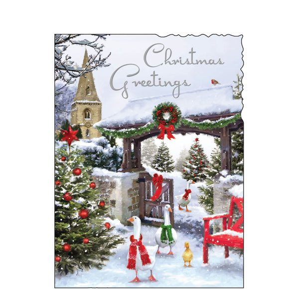 This Christmas card from Jonny Javelin is decorated with a lovely illustration of church gate, decked with bows, garlands and wreaths, with three geese and a tiny gosling making their way through the gate. Silver text on the front of this Christmas card reads 