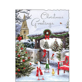 This Christmas card from Jonny Javelin is decorated with a lovely illustration of church gate, decked with bows, garlands and wreaths, with three geese and a tiny gosling making their way through the gate.&nbsp;Silver text on the front of this Christmas card reads "Christmas Greetings".

Jonny Javelin Christmas cards combine beautiful, detailed illustrations with heartfelt messages.