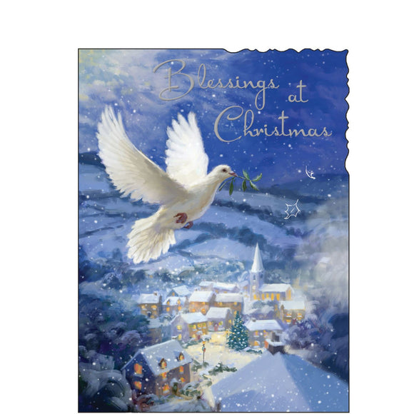 Share the spirit of the holidays with loved ones as you send them this thoughtful card decorated with a beautiful illustration of a white dove flying through the night's sky, passing over a snow-blanketed village. Silver text on the front of the card reads 