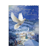 Share the spirit of the holidays with loved ones as you send them this thoughtful card decorated with a beautiful illustration of a white dove flying through the night's sky, passing over a snow-blanketed village. Silver&nbsp;text on the front of the card reads "Blessings at Christmas".