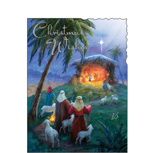 This Christmas card from Jonny Javelin is decorated with a lovely illustration of three shepherds and their flock approaching the stable, marked by the star of Bethlehem. Silver text on the front of this Christmas card reads 