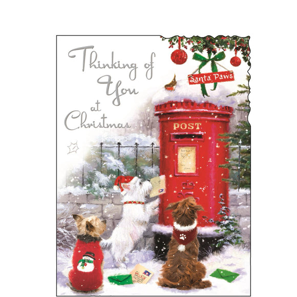 This Christmas card from Jonny Javelin is decorated with a lovely illustration of three cute little dogs - all in festive outfits - posting their christmas cards in a snow-covered red pillarbox. Silver text on the front of this Christmas card reads 