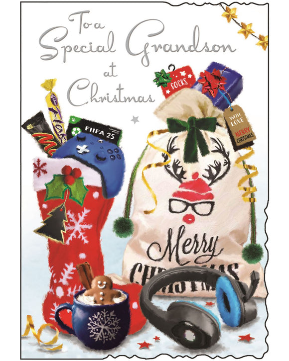 Grandson Christmas card - Jonny Javelin Christmas card