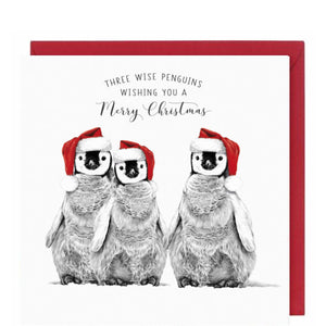 This Christmas card from Pigment Production's&nbsp;Life in Pencil card range is decorated with a black and white sketch of a trio of penguins in a snowy landscape looking indescribably cute. The caption on the front of the card reads "Three Wise Penguins Wishing you a Merry Christmas"