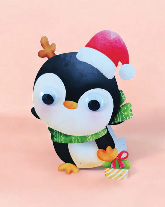 Penguin in Santa hat wobbly head Christmas card