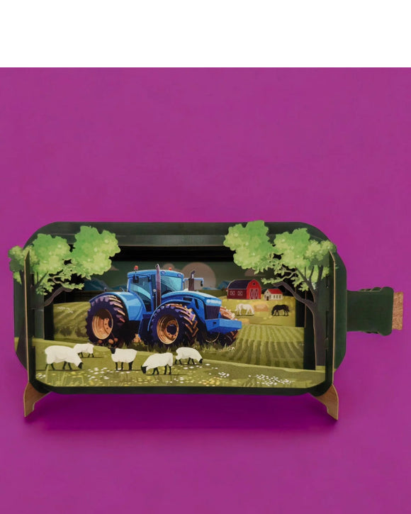Blue tractor - Message in a Bottle pop up card