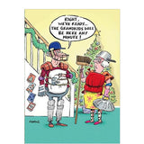 This funny Christmas card features an illustration by Fernz showing an older couple dressed in makeshift armour - made of saucepans, dustbins and cushions. The man says "Right, we're ready...the grandkids will be here any minute!"