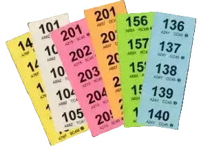Set of numbered raffle tickets in various colors on a white background