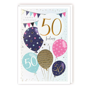 Balloons and bunting - 50th Birthday card