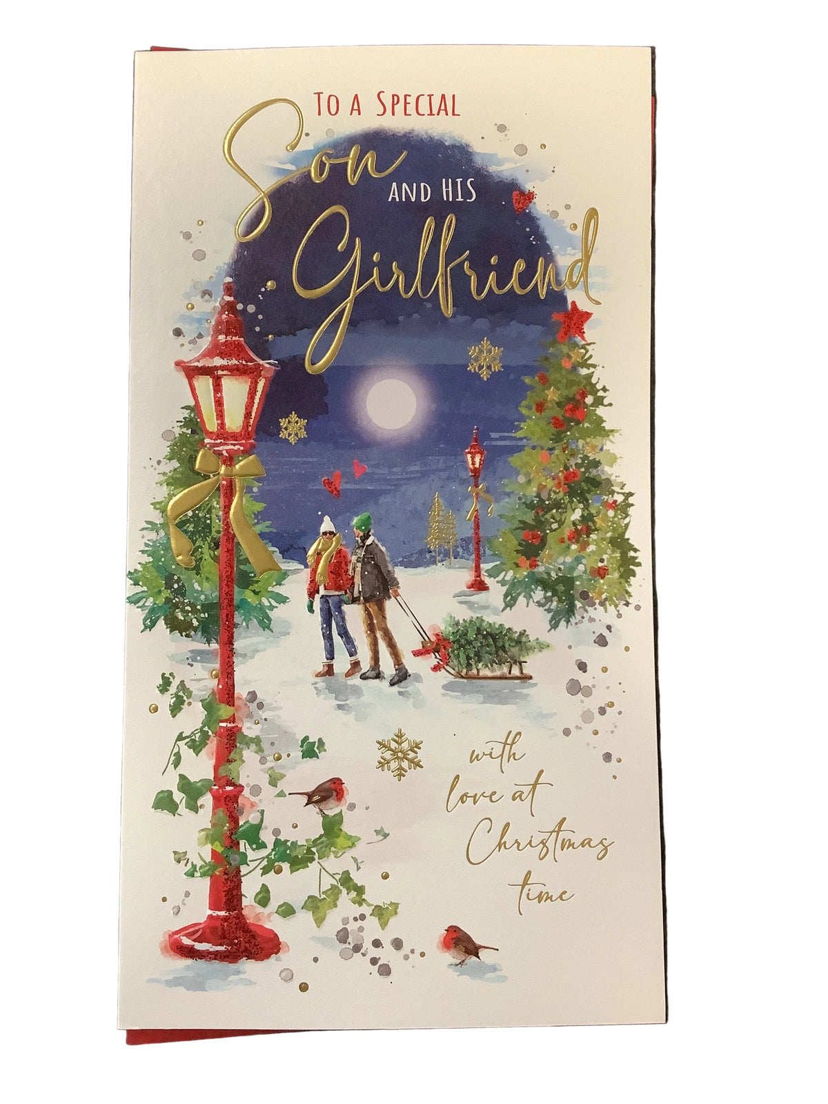 Son & Girlfriend (pulling tree) - Christmas Card