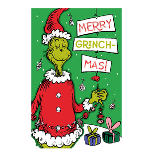 Spread holiday cheer with this Christmas card featuring the iconic, mischevious Grinch, created by Dr. Seuss, dressed in a Santa suit. The front of the card reads "Merry Grinch-mas!"