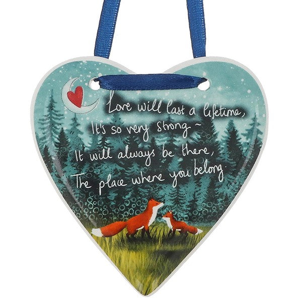 Beautiful hanging ceramic heart covered with artwork by Stacey McNeill from the Fox under the moon range