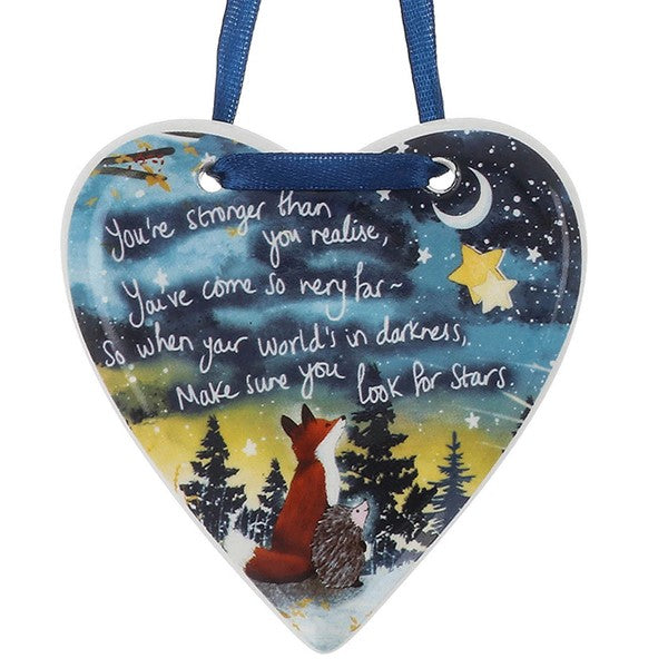 Beautiful hanging ceramic heart covered with artwork by Stacey McNeill from the Fox under the moon range