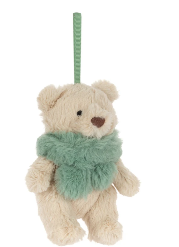 from Jellycat (jelly cat) london official stockists this beautiful beige bartholomew junior (jr.) teddy bear in a green scarf is the fluffy and cuddly plush toy that is the perfect present for winter birthdays or christmas for babies, toddlers, children, teenagers and adults alike.