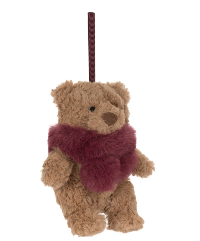 from Jellycat (jelly cat) london official stockists this beautiful brown bartholomew teddy bear in a burgandy red scarf is the fluffy and cuddly plush toy that is the perfect present for winter birthdays or christmas for babies, toddlers, children, teenagers and adults alike.