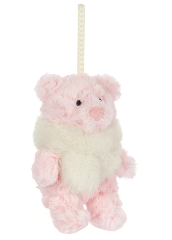 from Jellycat (jelly cat) london official stockists this beautiful pink Leola teddy bear in a white scarf is the fluffy and cuddly plush toy that is the perfect present for winter birthdays or christmas for babies, toddlers, children, teenagers and adults alike.