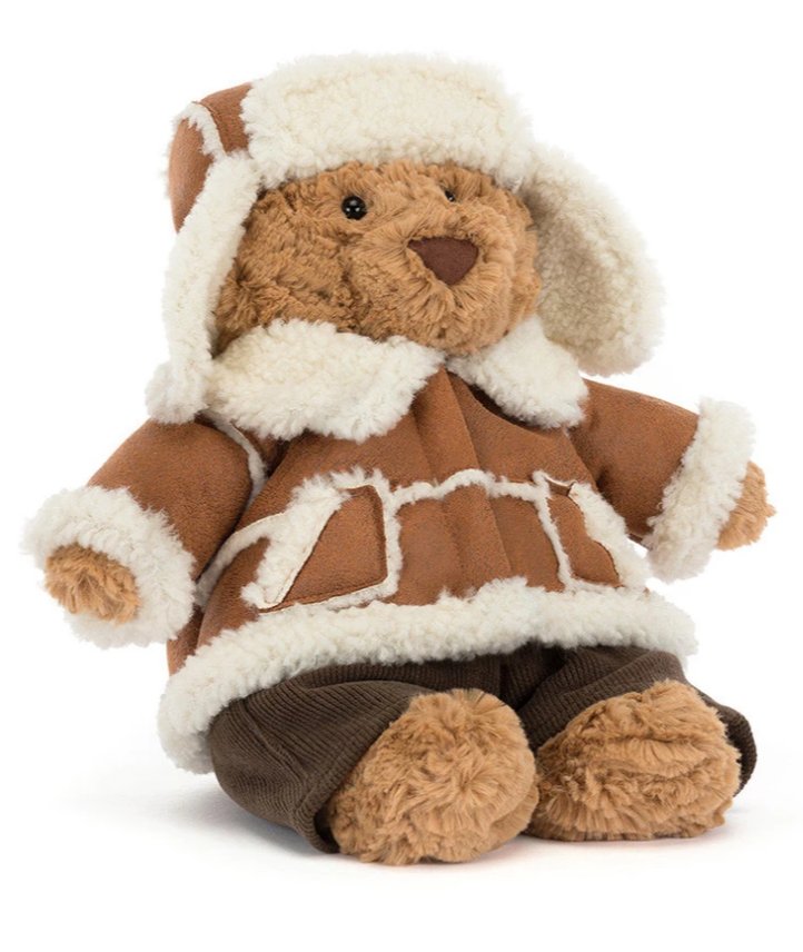 jellycat (jelly cat) official iconic bartholomew brown cuddy teddy bear is dressed up for the winter and christmas season in his coat and trousers. perfect present for babies, toddler, children, teenagers and adults of all ages.