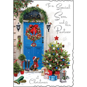 Send festive wishes to a special son and his partner with this elegant Jonny Javelin Christmas card, showing a scene of a blue front door, draped in festive garlands and wreaths. An adorable little dachshund dog in a bobble hat and scarf waits on the doorstep. Silver&nbsp;text on the front of the card reads "To a Special Son and his Partner at Christmas".