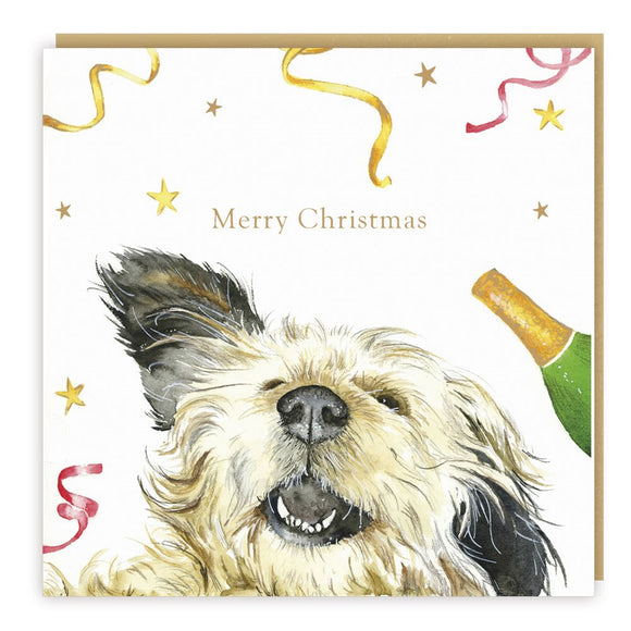 A very happy dog looks like he's partying for all he is worth on this cute and loveable Christmas card. Streamers float about and a bottle of bubbly peeps in at the side. Gold text on the front of the card reads 