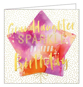 A lovely card with lots of gold metallic sparkle to celebrate a lovely Granddaughter on her birthday.

A pink balloon is backed by gold polka dots on white. Gold text is written across the front of the card and reads "Granddaughter Sparkle on your Birthday"