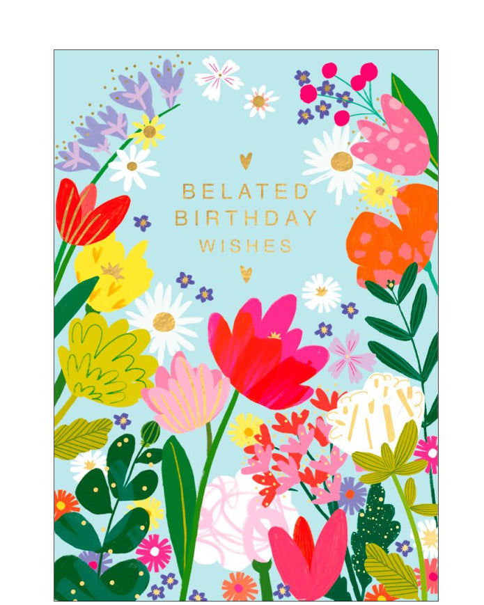 Missed their big day? Make it up to them in style with this beautiful belated birthday card featuring a bold and cheerful floral design. The card is adorned with vibrant, colourful flowers and elegant gold foil detailing, adding a touch of sophistication and sparkle.&nbsp;In the centre, shimmering gold text reads "Belated Birthday Wishes".