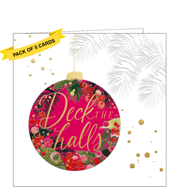 This stunning pack of charity Christmas cards includes 5 cards of one design. The cards are decorated with bright, jewel coloured christmas bauble, with gold script that reads 