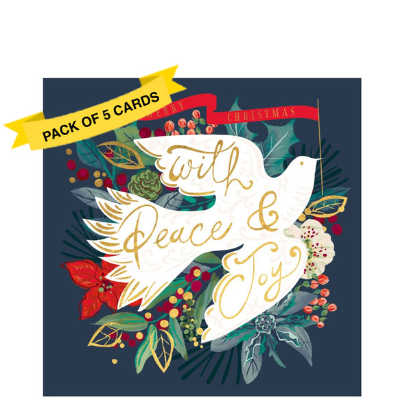 This pack of charity christmas cards are decorated with a stunning illustration of a white dove, symbolizing peace and spreading the message of Christmas. Gold text on the dove reads 