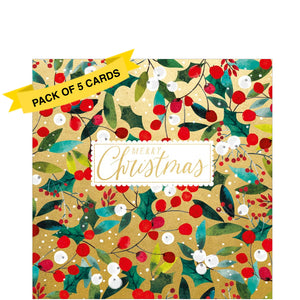 This pack of charity Christmas cards features intricate holly and mistletoe designs on a shimmering gold backdrop, with a white box in the center displaying the words "Merry Christmas" in elegant gold lettering.&nbsp;