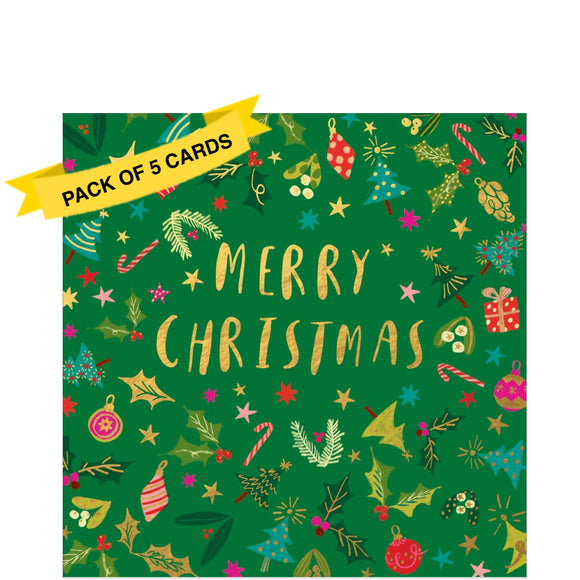 This pack of charity christmas cards are decorated with a scattering of christmas icons - trees, candy canes, baubles etc - against a green background. In the centre of the card gold text reads 